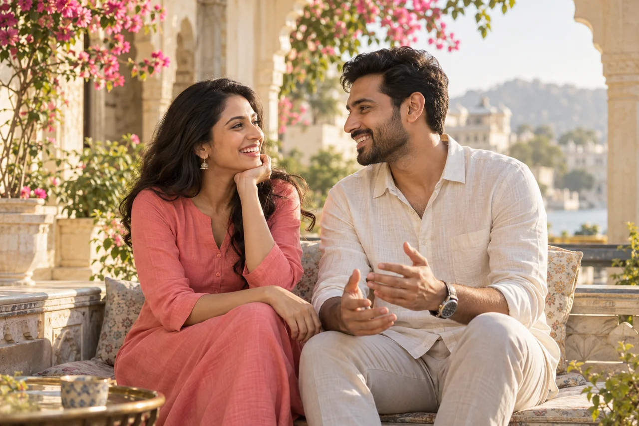 Illustrative adult couple talking in a sunlit courtyard
