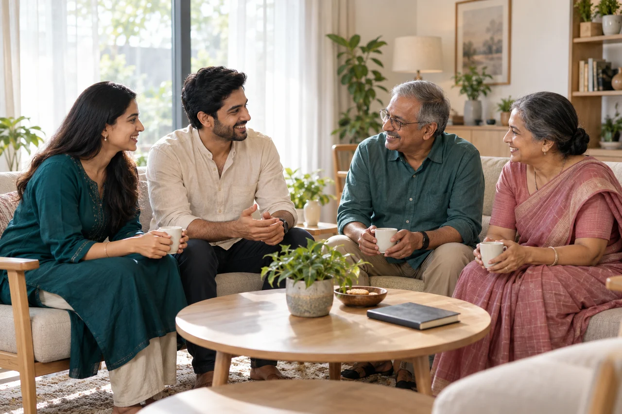 Illustrative family having a warm conversation at home